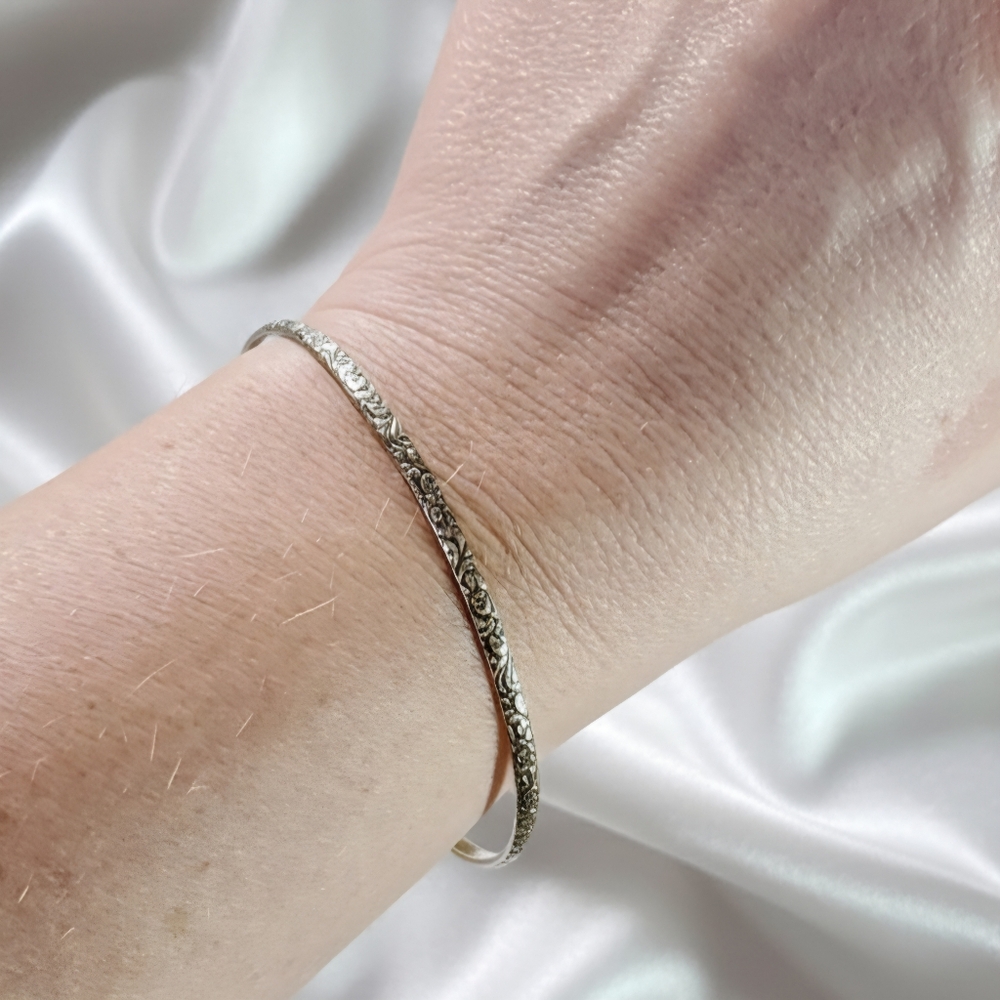 Floral 8.5" Sterling Silver 925 Bangle Bracelet Vermil Gold Plated Vintage Art - Picture 7 of 8